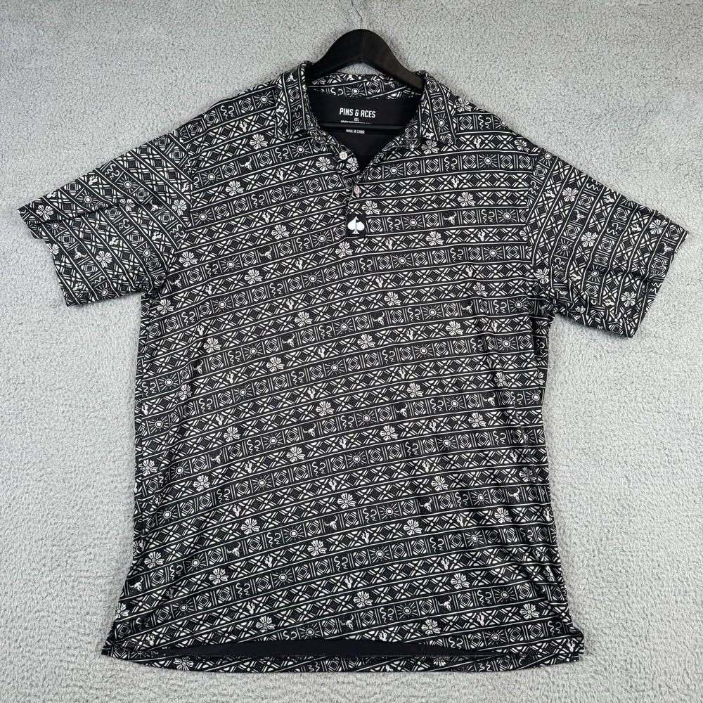 Pins‎ And Aces Polo Mens 2XL Black Southwestern Golf Performance Stretch Shirt